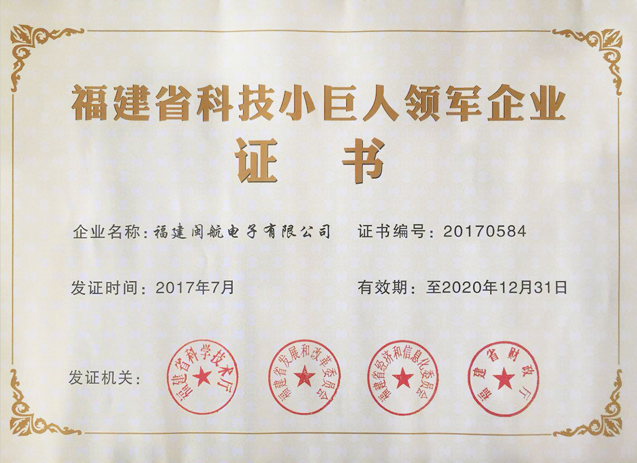 福建省科技小巨人領先企業(yè)證書